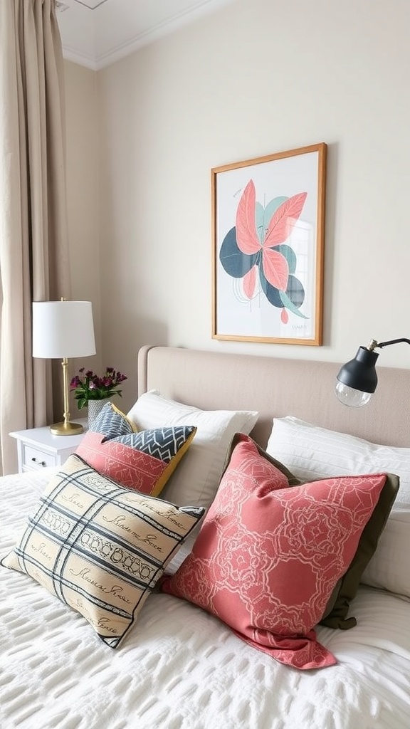 A cozy bedroom featuring decorative pillows, modern wall art, and a stylish lamp.