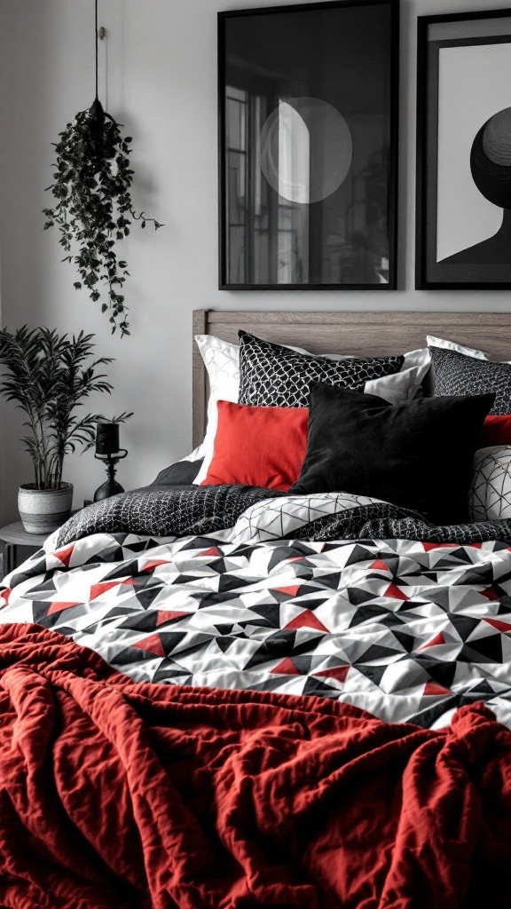 A stylish bedroom featuring black and red bedding with a geometric pattern, complemented by decorative pillows and plants.