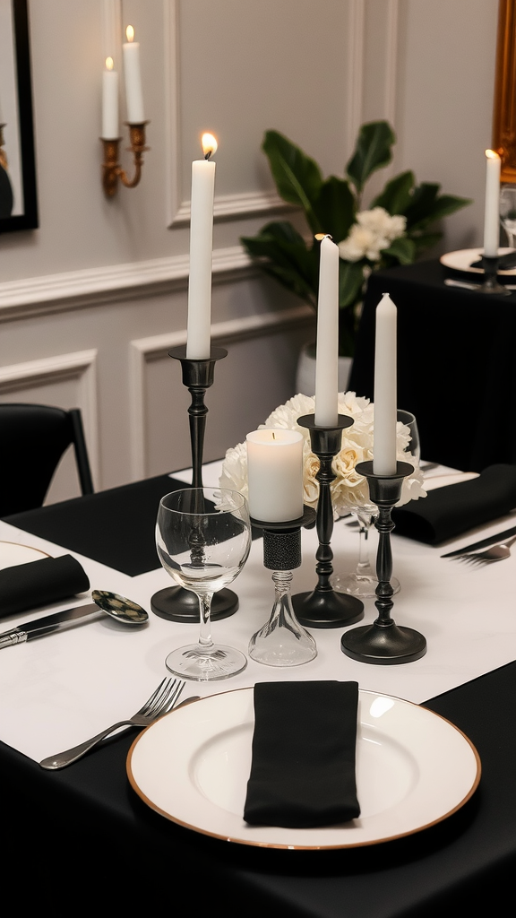 Elegant black and white dinner table setting with candles and flowers