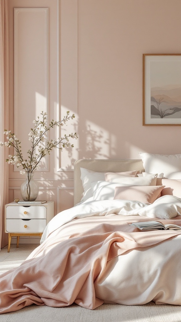 A serene luxury bedroom with soft pink walls, cozy bedding, and natural decor.