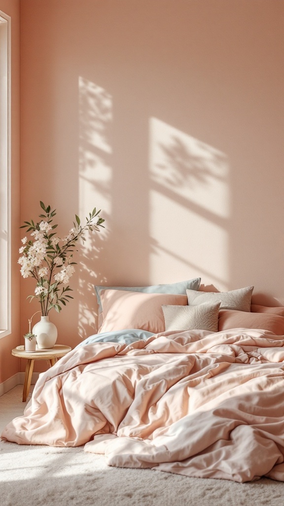 A cozy bedroom with soft peach bedding, natural light, and a floral arrangement.