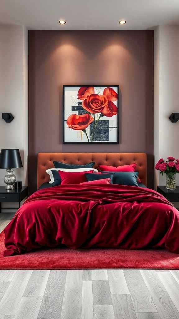 A stylish bedroom featuring a tufted red bed, black nightstand, and artwork of red roses on the wall.