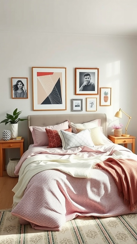 Cozy bedroom featuring a stylish bed with pink and cream bedding, textured pillows, and framed art on the walls.