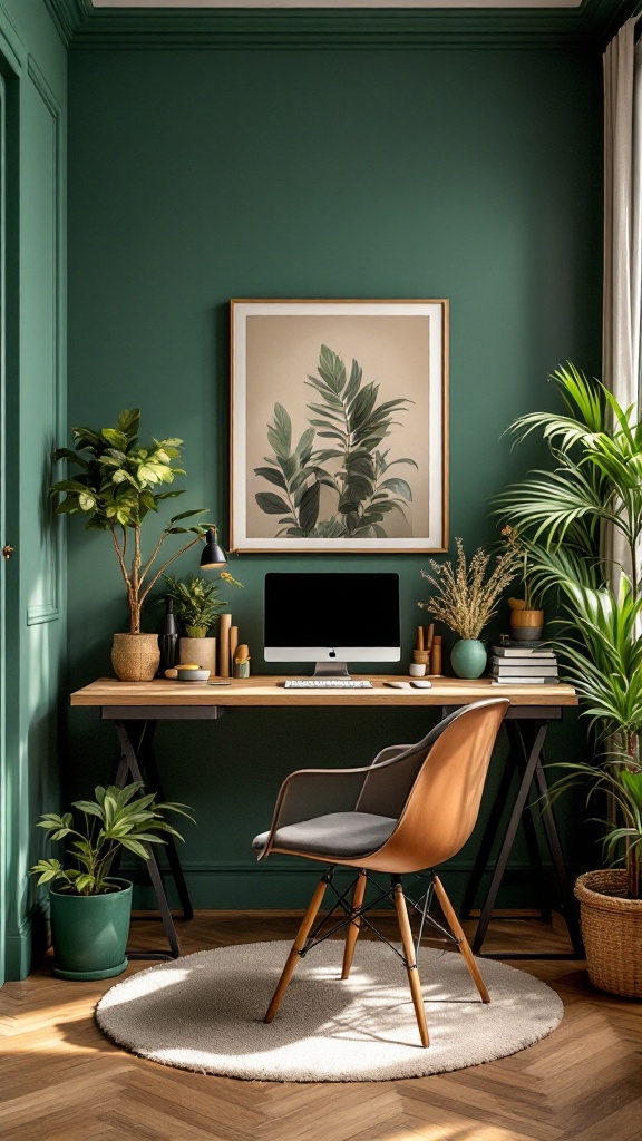 A stylish home office featuring green walls, a wooden desk, and various plants.