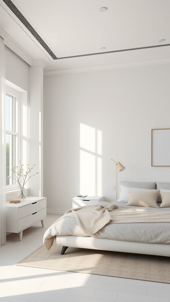 A chic minimalist bedroom featuring a bed with soft linens, a simple nightstand, and natural light coming through a window.