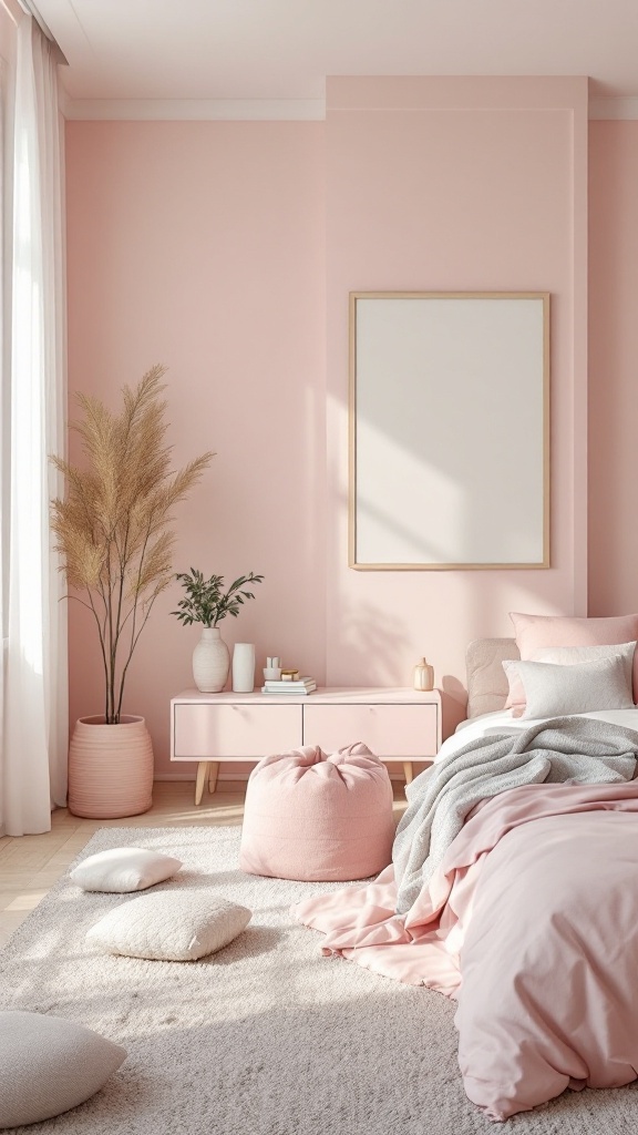 A chic minimalist bedroom with pastel pink accents, featuring a cozy bed, bean bags, and plants.