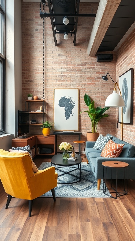 A stylish urban loft corner featuring a cozy seating area with a yellow chair, patterned cushions, and chic accessories against exposed brick walls.