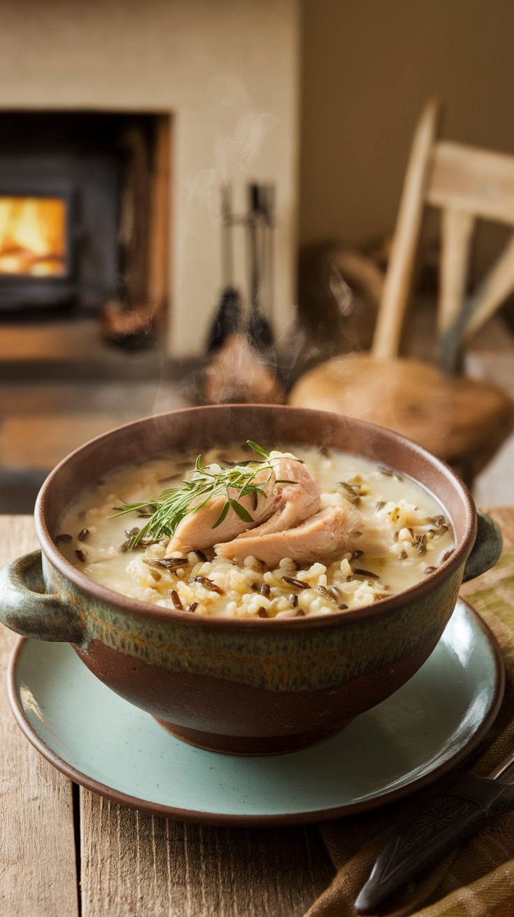 A bowl of chicken and wild rice soup garnished with herbs, served on a rustic table.