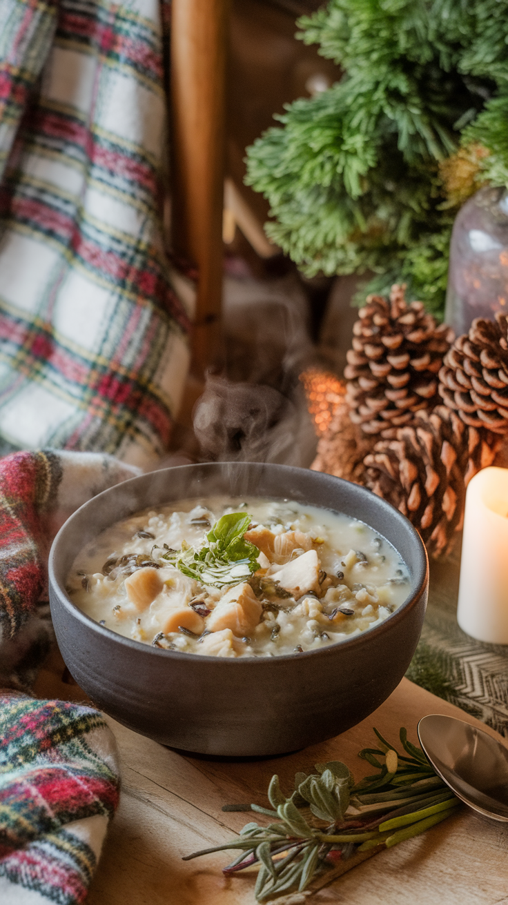 A comforting bowl of chicken and wild rice soup garnished with herbs, surrounded by winter decor.