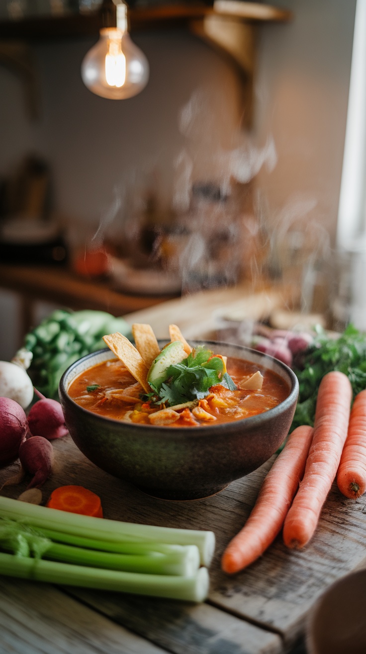 A bowl of Chicken Tortilla Soup garnished with tortilla strips and fresh herbs, surrounded by vegetables on a wooden table.