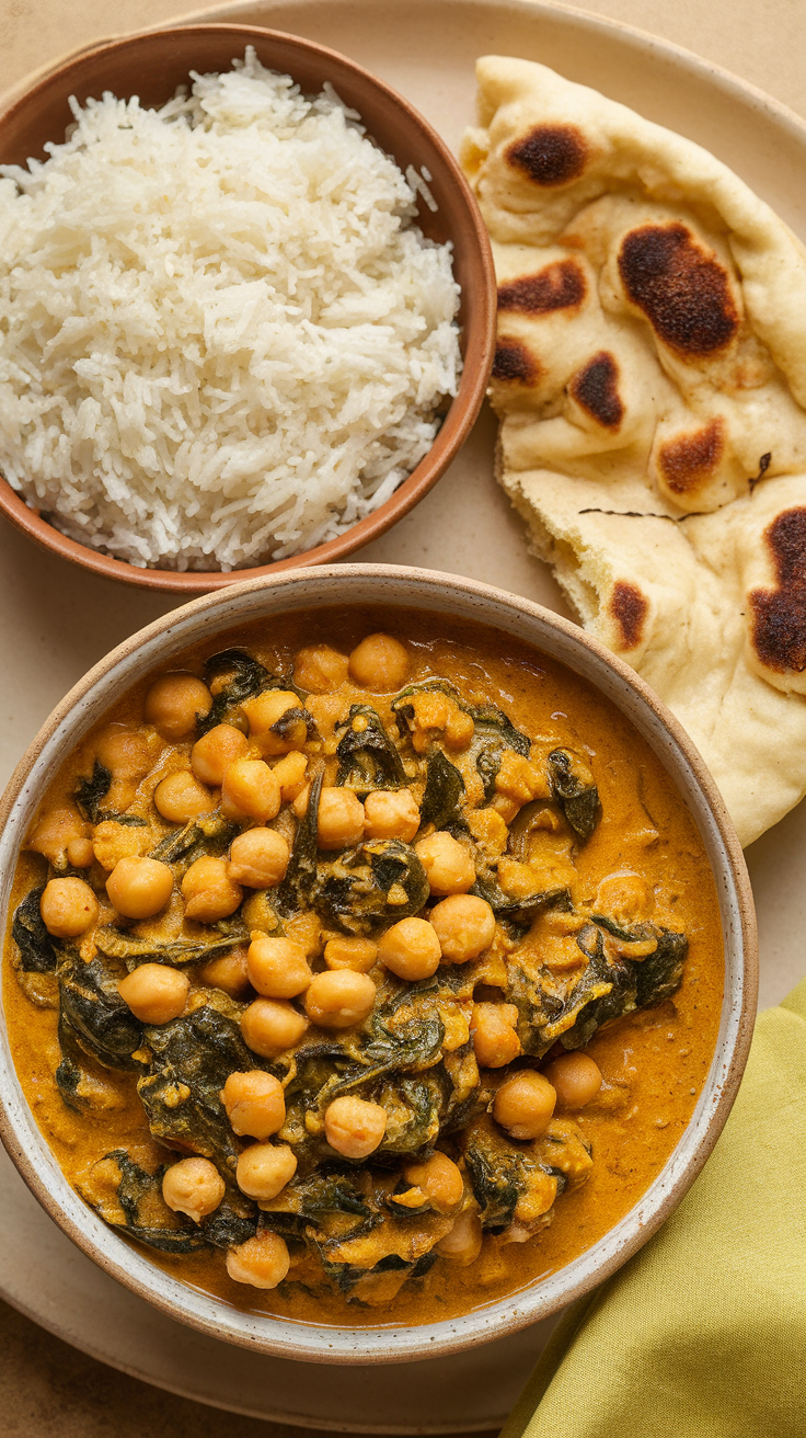 Chickpea and spinach curry served with rice and naan on a plate.