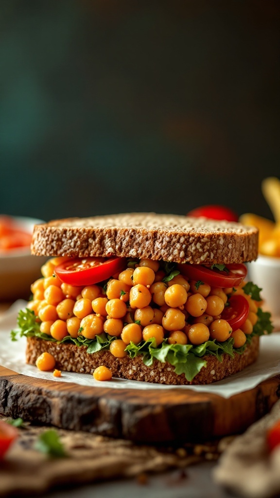 A delicious chickpea salad sandwich with lettuce and tomatoes.