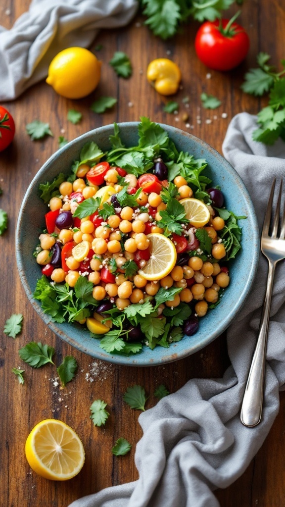 Chickpea salad with lemon-tahini dressing served in a bowl, garnished with fresh herbs and lemon slices