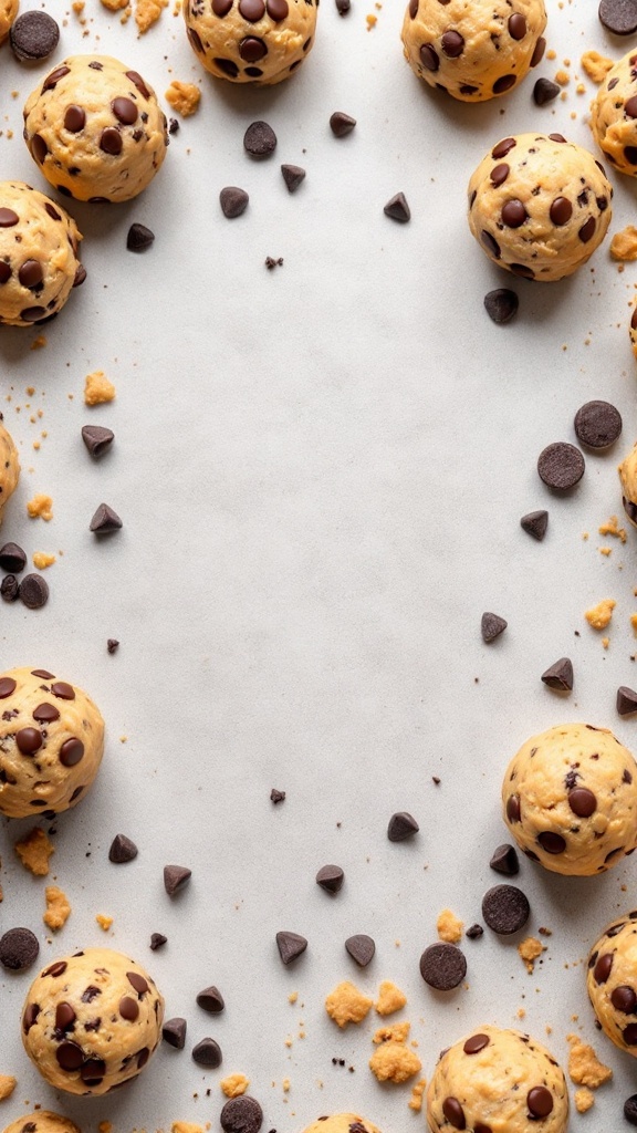 Chocolate chip cookie dough protein balls on a baking sheet with chocolate chips scattered around.