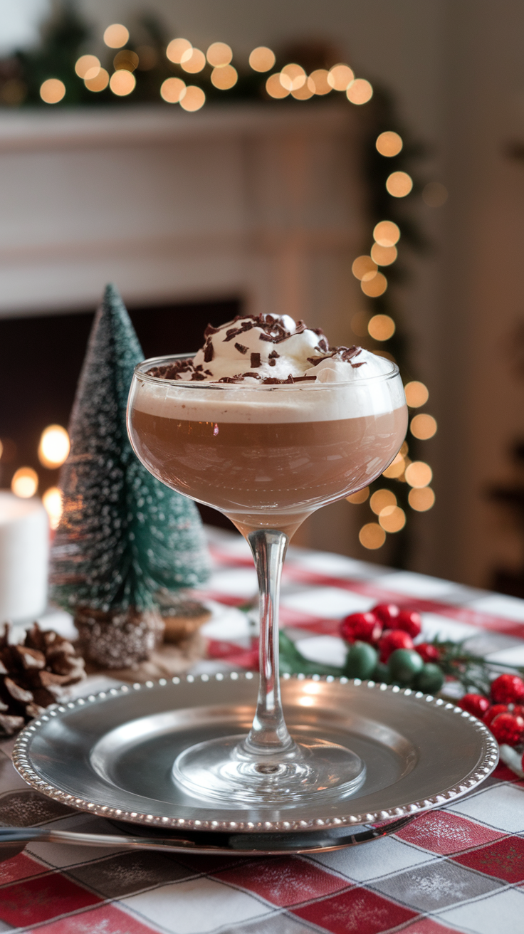 A Chocolate Eggnog Martini served in a stylish glass, topped with whipped cream and chocolate shavings, surrounded by festive decorations.