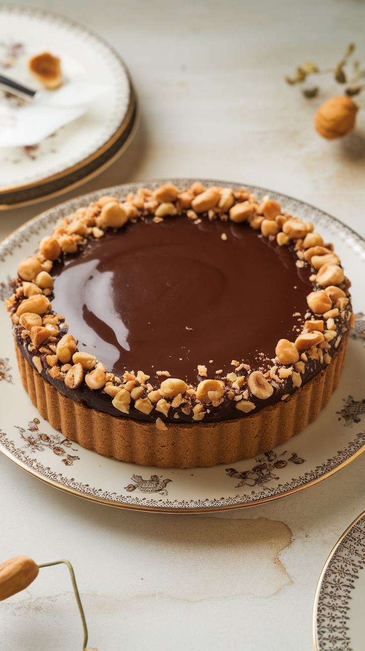 A rich chocolate hazelnut tart with a golden crust and topped with chopped hazelnuts.