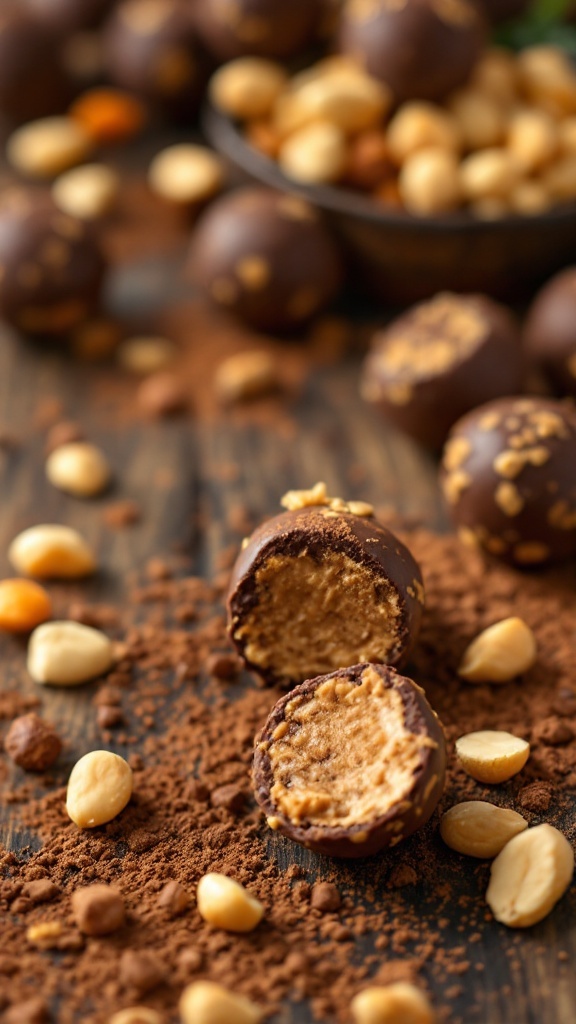 Delicious chocolate peanut butter protein balls on a wooden surface.