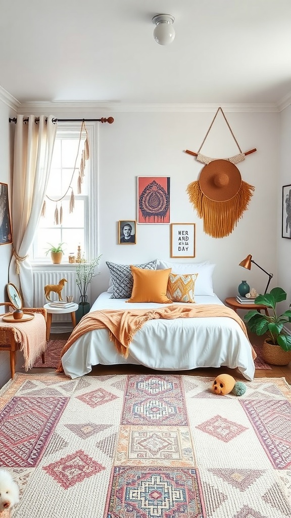 A cozy, stylish bedroom with a bohemian theme, featuring colorful decor, plants, and warm textiles.