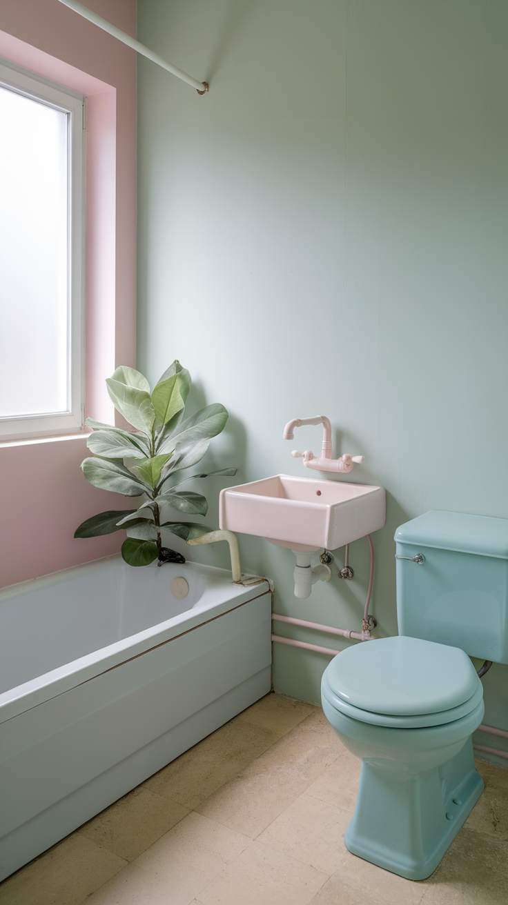 A light-colored bathroom featuring soft green and pale pink walls, a pastel-colored sink, and a plant.