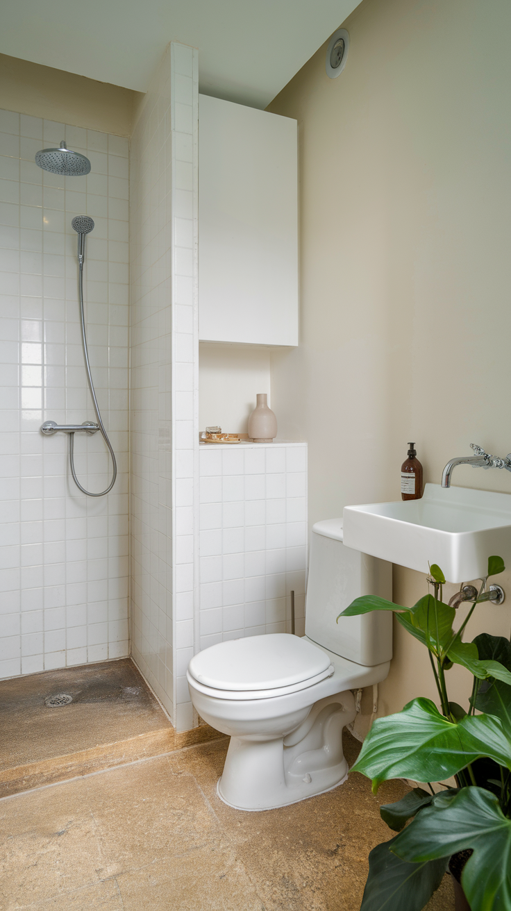 A minimalist bathroom with a shower, toilet, and a small plant.