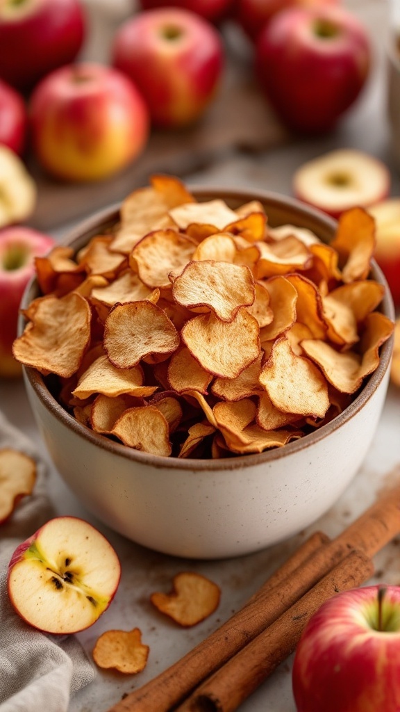 A bowl of crispy cinnamon apple chips with whole apples in the background.