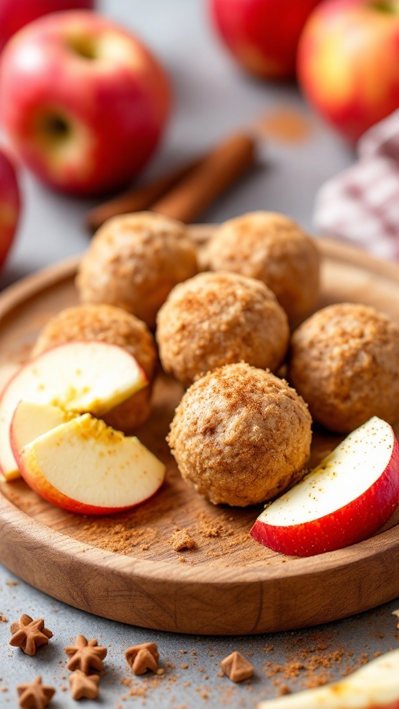 Cinnamon Apple Protein Balls on a wooden plate with apple slices