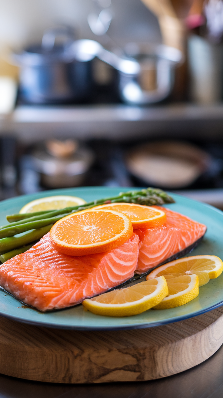 Citrus-glazed salmon with orange slices on a plate