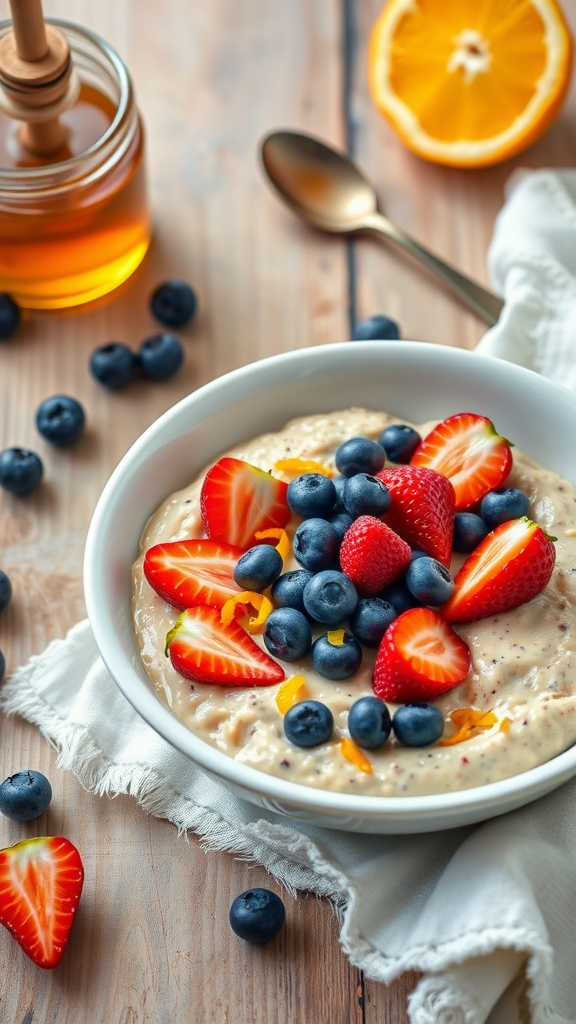 Bowl of citrus berry bliss overnight oats topped with strawberries and blueberries