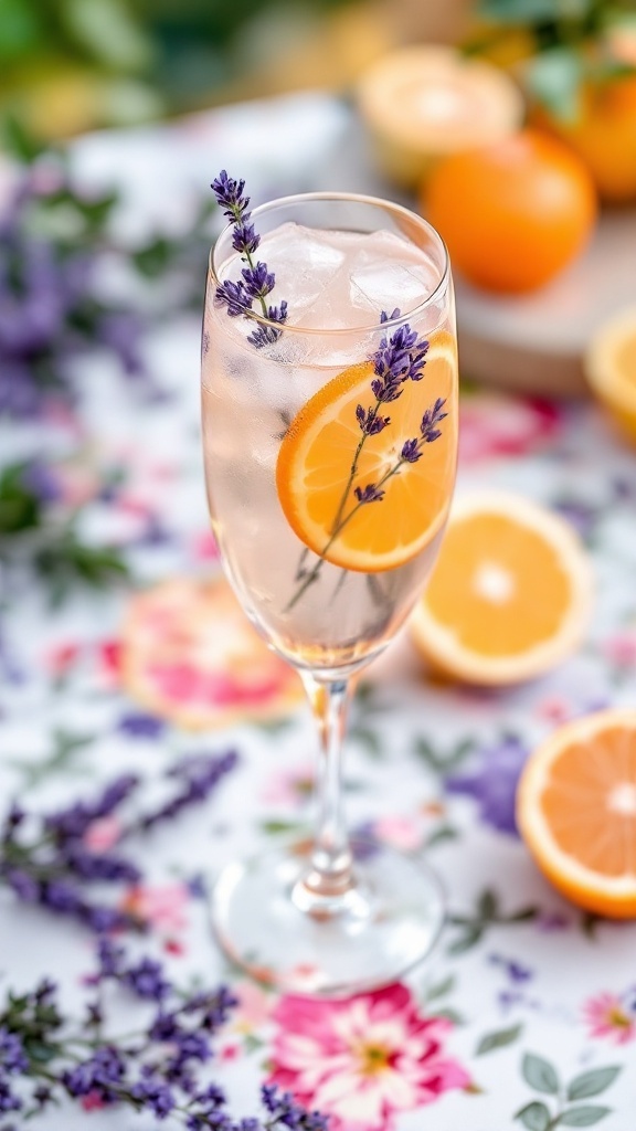A refreshing Citrus Lavender Fizz cocktail garnished with lavender and lemon slices.