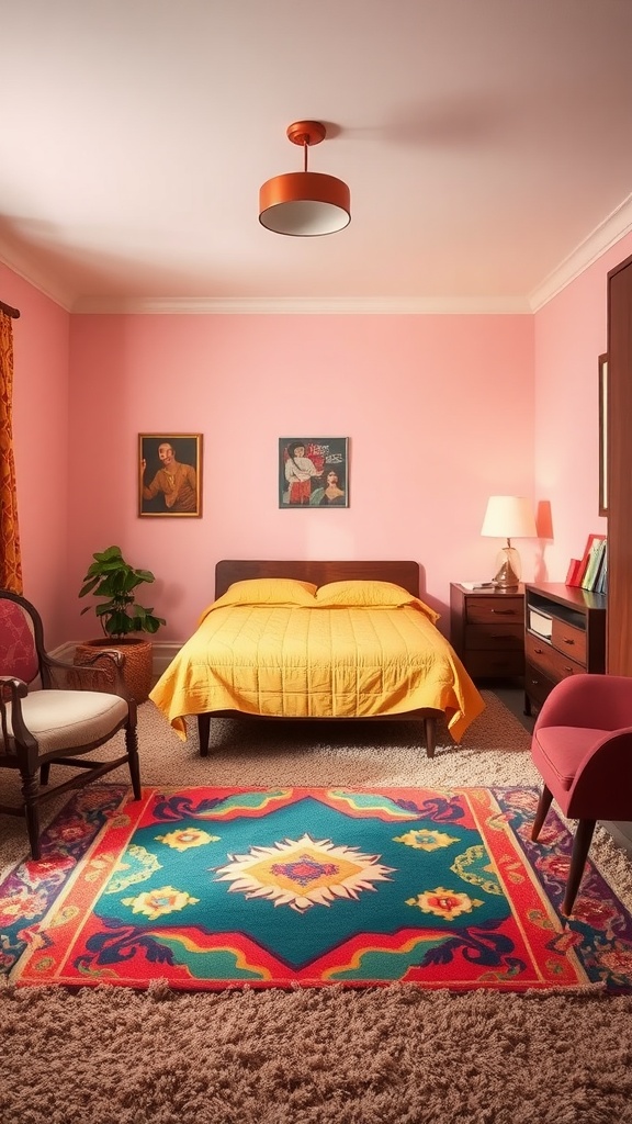 A retro bedroom with pink walls, yellow bedding, a colorful area rug, and a cozy atmosphere.