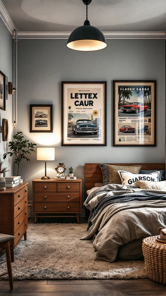 Boys bedroom with classic car posters and vintage decor, featuring wooden furniture and cozy bedding.