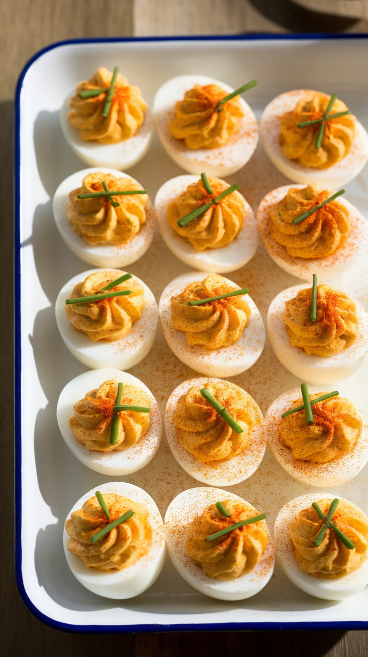 Classic Deviled Eggs with Paprika displayed on a tray.