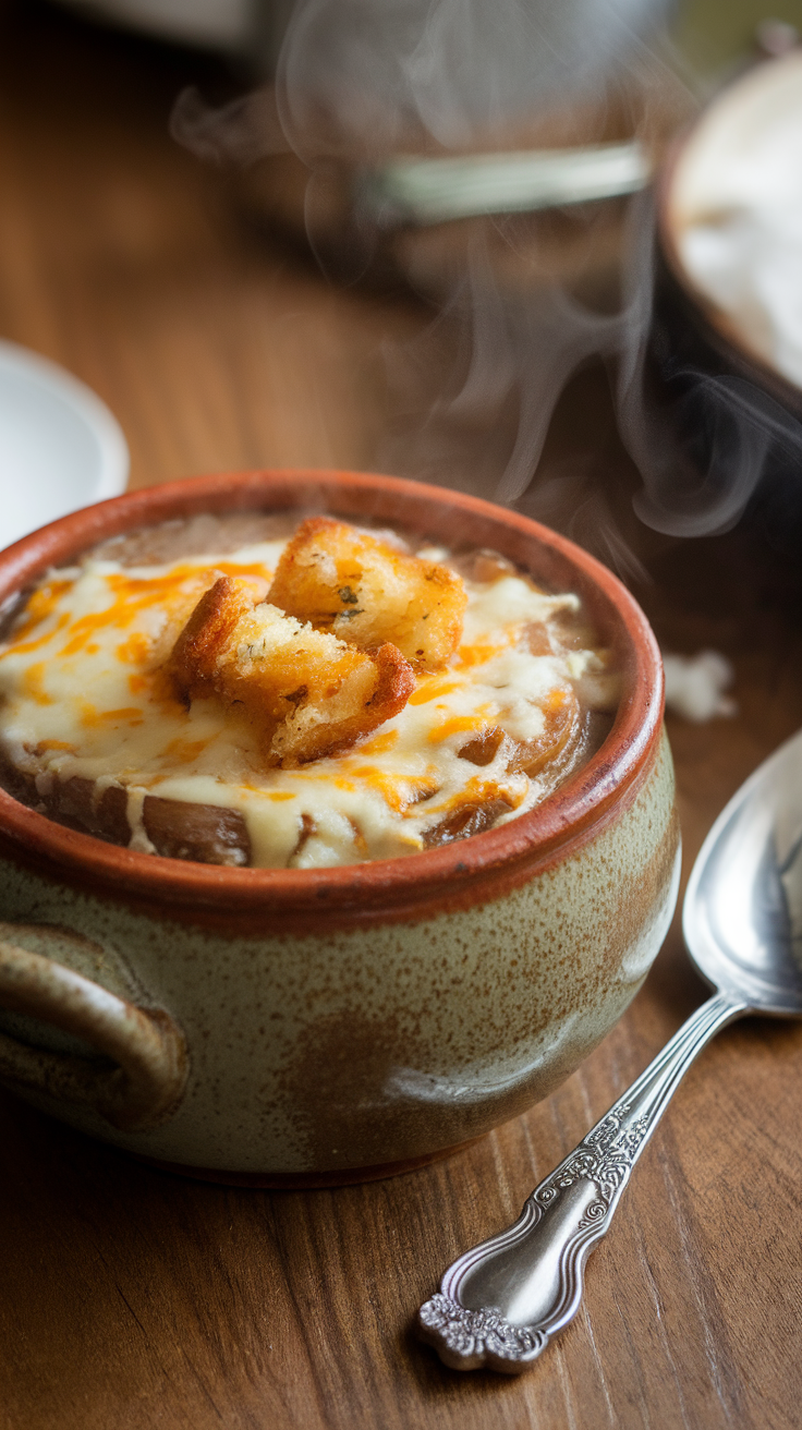 A bowl of classic French onion soup topped with melted cheese and croutons.