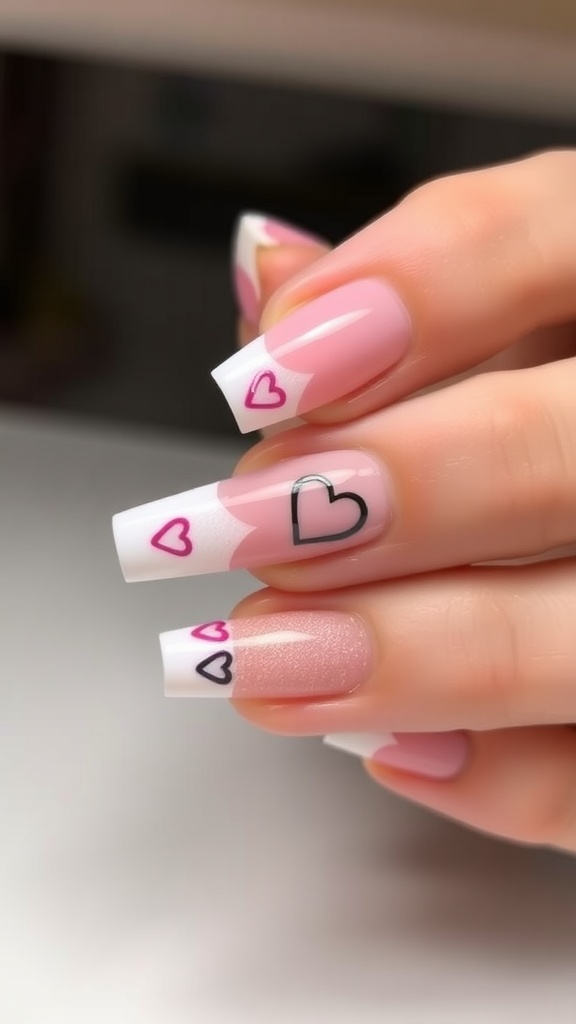 Nail design featuring classic French tips with pink accents and heart designs.