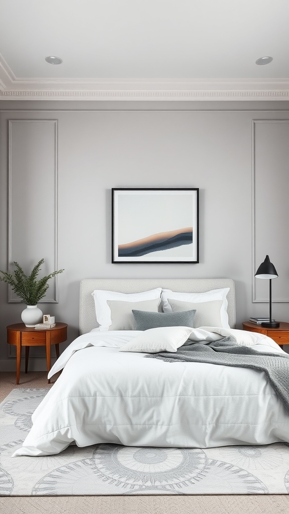 A modern bedroom with light gray walls and stylish decor.