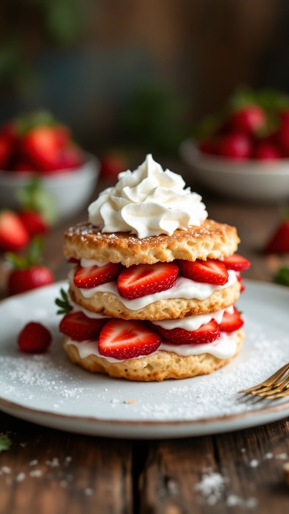 Delicious layers of classic strawberry shortcake with strawberries and whipped cream