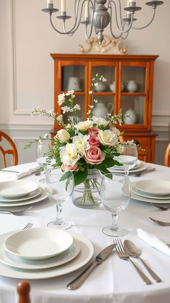 A beautifully set Thanksgiving table with a floral centerpiece and elegant dinnerware.