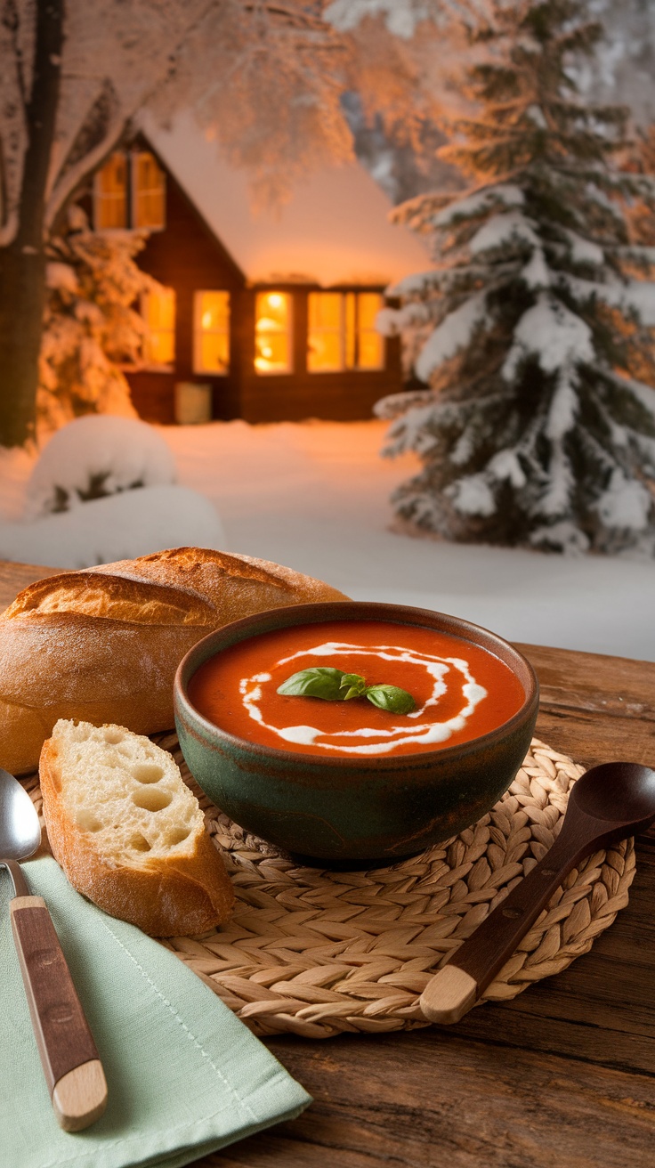 A bowl of classic tomato soup with basil, served with fresh bread.