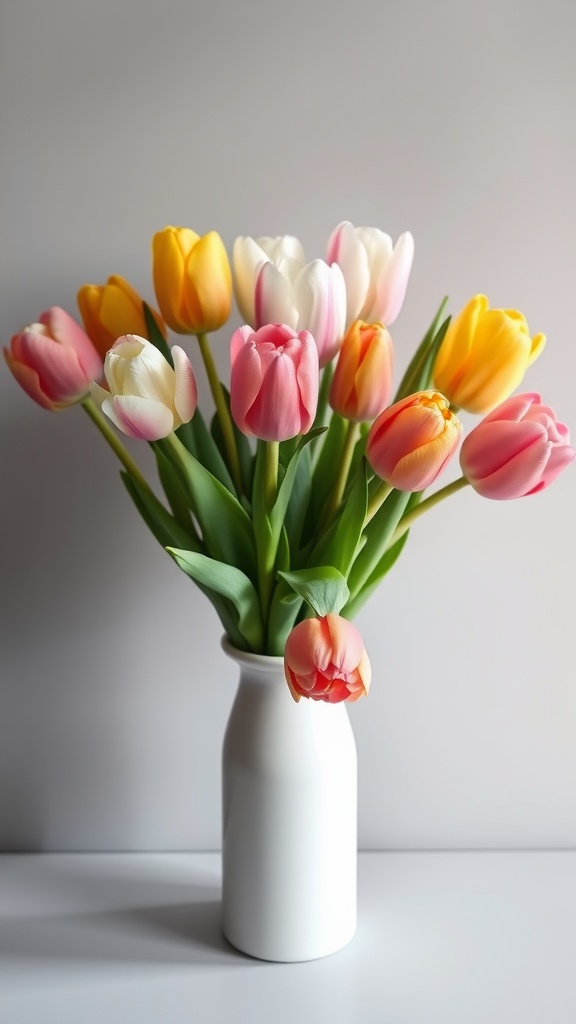 A vibrant bouquet of tulips in various colors, arranged in a white vase.
