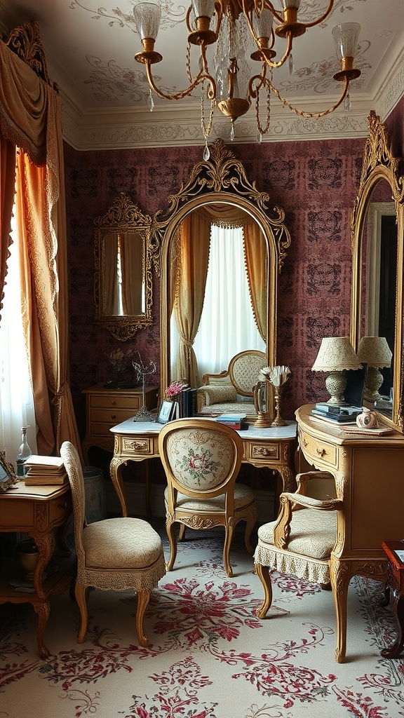 A classic Victorian dressing room with ornate mirrors, rich colors, and elegant decor.