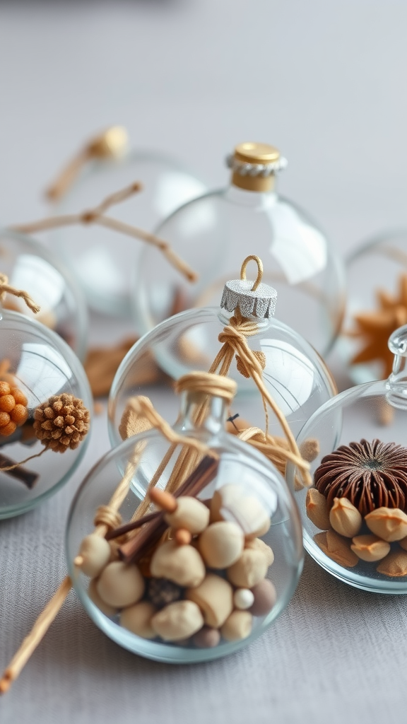 A collection of clear glass baubles filled with natural elements like pinecones and spices.