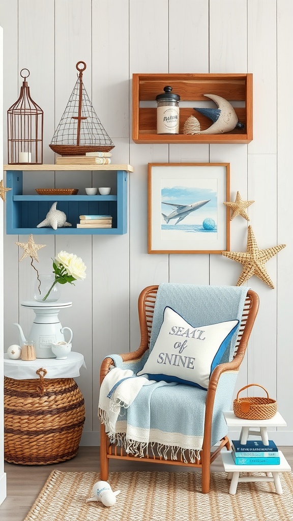 Coastal-themed relaxation corner with a rattan chair, nautical decor, and soft colors.