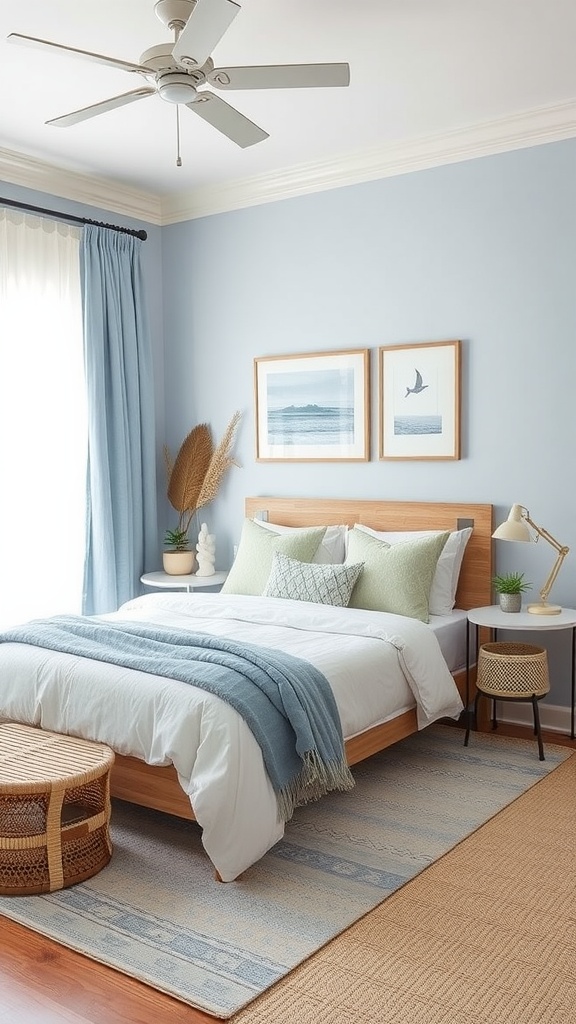 A serene bedroom with soft blue walls, white bed linens, and coastal decor.