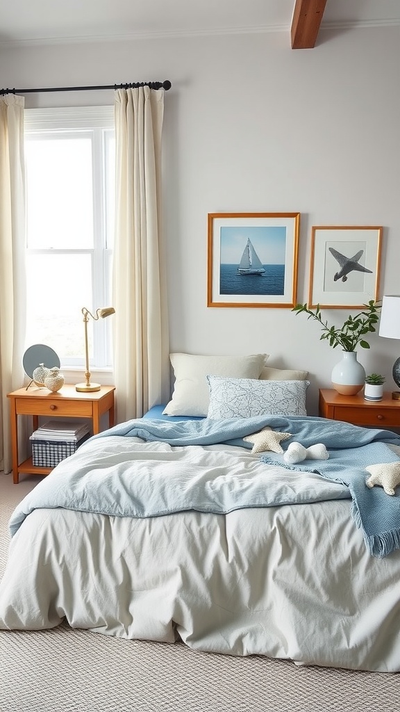 A cozy bedroom featuring grey bedding, light blue accents, and coastal decor.