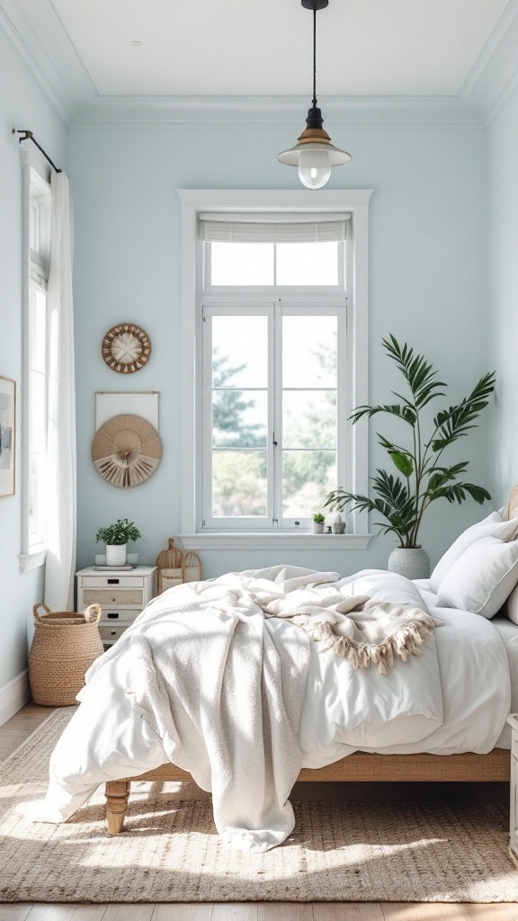 A bright bedroom with light blue walls, large windows, white bedding, and a touch of greenery.