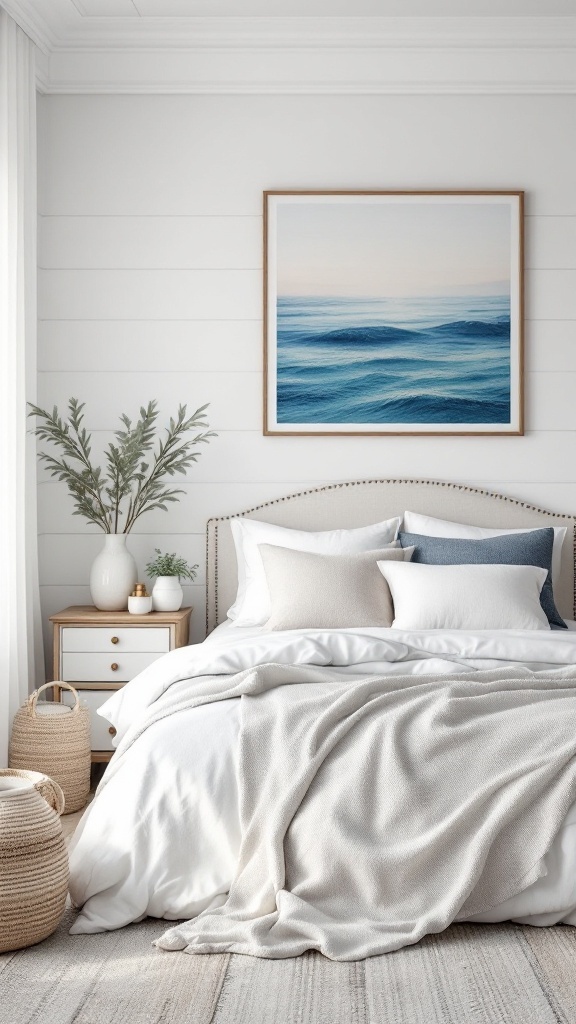 A serene coastal bedroom featuring soft bedding, ocean wave artwork, and natural elements.