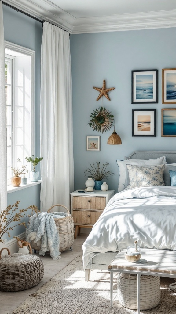 Coastal style bedroom with light blue walls, natural decor, and soft bedding.