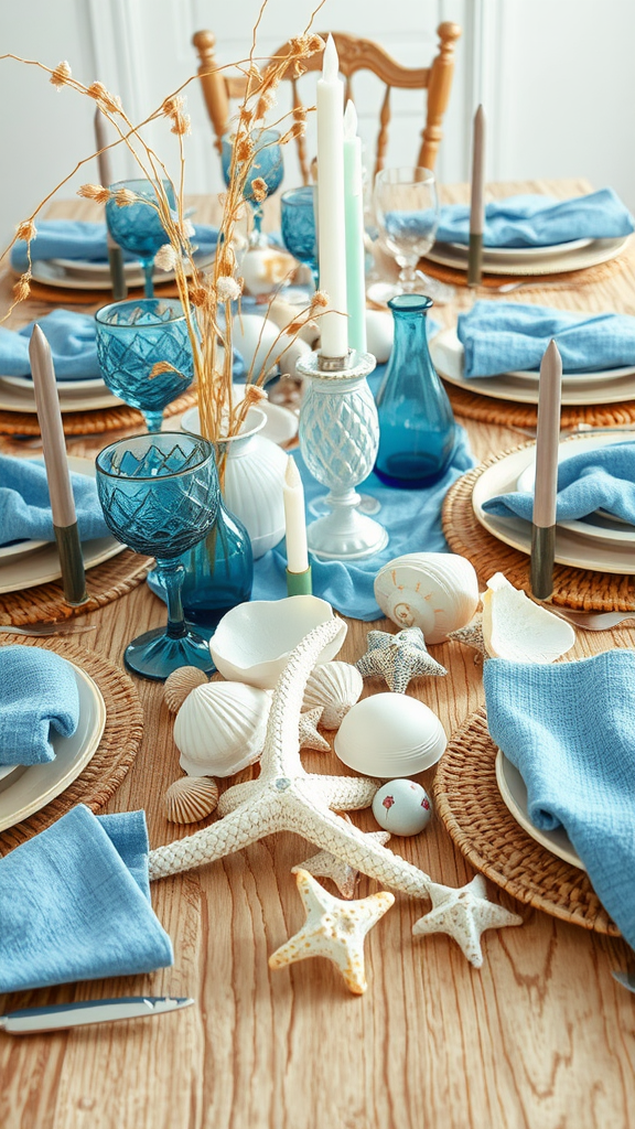 A beautifully set Thanksgiving table featuring blue tablecloths, seashells, starfish, and candles, creating a coastal vibe.