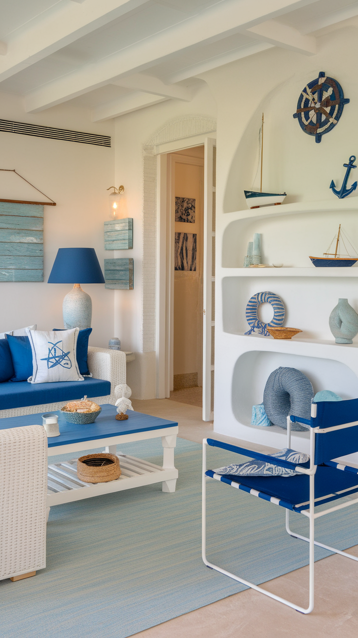 A bright living room decorated in nautical style with blue and white furnishings, boat models, and sea-themed decor.