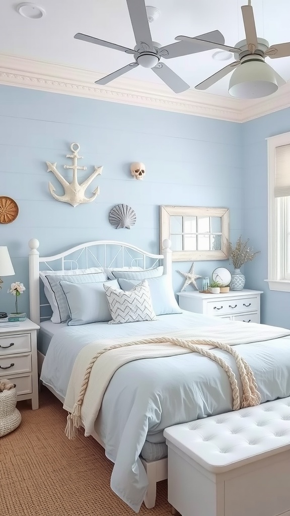 A cozy teen girl's bedroom with blue walls, nautical decor, and a beach-inspired theme.